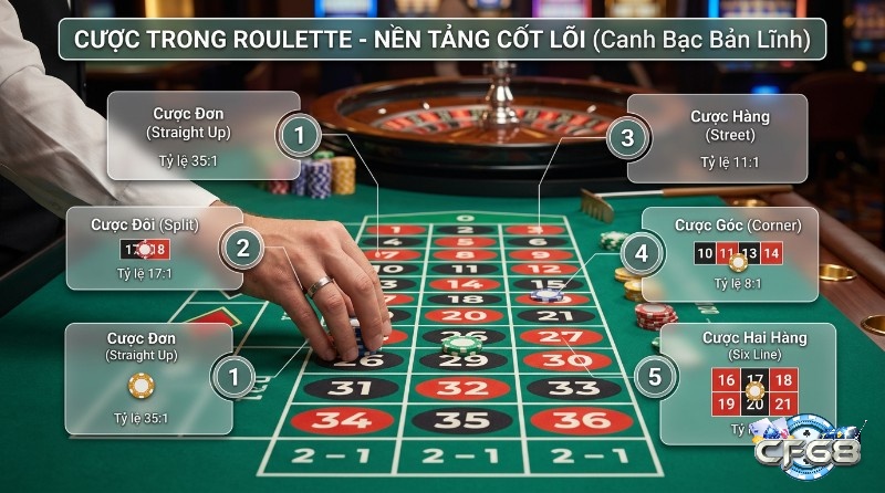 Các loại cược trong roulette là gì: Đặt chip cho Cược Đơn 35:1, Cược Đôi 17:1, Cược Hàng 11:1, Cược Góc 8:1, Cược Hai Hàng 5:1