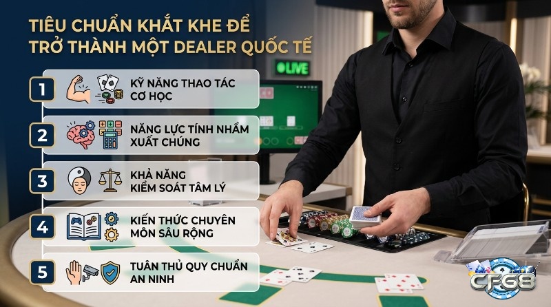 Tiêu chuẩn trở thành Dealer quốc tế, 5 kỹ năng: thao tác cơ học, tính nhẩm, kiểm soát tâm lý, kiến thức chuyên môn, tuân thủ an ninh