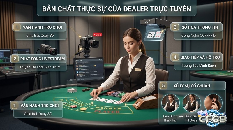 Dealer là gì trực tuyến chuyên nghiệp chia bài Baccarat, phát sóng livestream, số hóa thông tin bằng OCR, giao tiếp và xử lý sự cố chuẩn mực