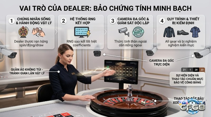 Dealer người thật tại bàn roulette, kết hợp RNG, giám sát camera đa góc, và trang phục không túi, bảo chứng tính minh bạch trò chơi