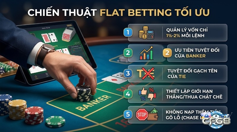 Chiến thuật Flat betting Baccarat là gì tối ưu với 5 nguyên tắc: quản lý vốn 1-2%, ưu tiên Banker, loại bỏ Tie, giới hạn thắng/thua, không gỡ lỗ