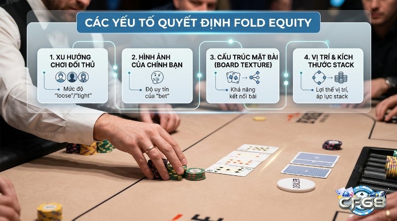 Các yếu tố quyết định Fold equity là gì: xu hướng chơi đối thủ, hình ảnh bản thân, cấu trúc mặt bài, vị trí và kích thước stack trên bàn poker