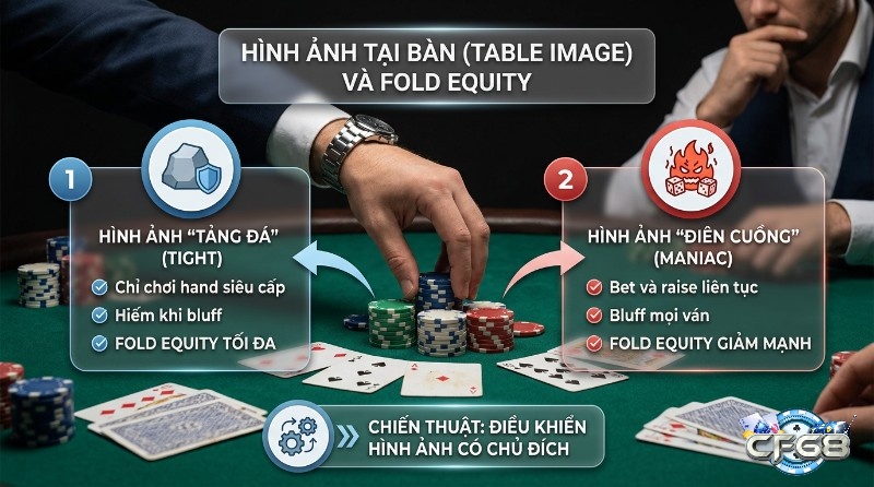 Yếu tố fold equity: danh tiếng "Tảng đá" (tight) tối đa, "Điên cuồng" (maniac) giảm mạnh, điều khiển danh tiếng
