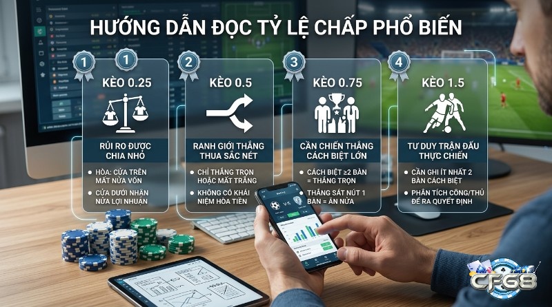 Hướng dẫn đọc tỷ lệ chấp phổ biến 0.25, 0.5, 0.75, 1.5 với giải thích thắng thua, người dùng xem ứng dụng cá cược và chip poker