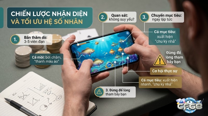 Chiến lược nhận diện cá mồi và cá mục tiêu để tối ưu hệ số nhân: bắn thăm dò 3-5 viên đạn, quan sát không suy yếu, chuyển mục tiêu ngay