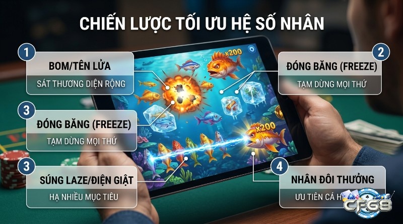 Tối ưu hệ số nhân game bắn cá với bom gây sát thương diện rộng, đóng băng cá, súng laze và vật phẩm nhân đôi thưởng
