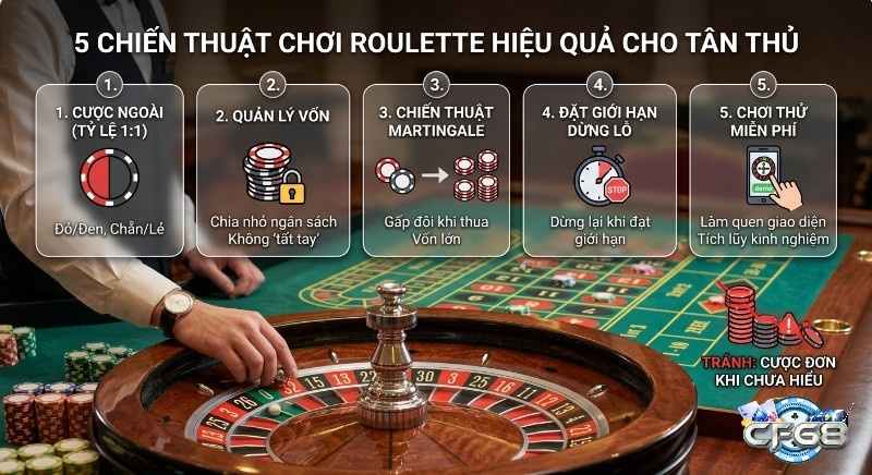 Tổng quan 5 chiến thuật chơi Roulette là gì cơ bản hiệu quả cho tân thủ, giúp quản lý vốn, giảm rủi ro và tích lũy kinh nghiệm