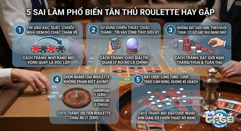 Checklist 5 sai lầm tân thủ Roulette thường mắc và cách tránh: hiểu sai xác suất, quản lý vốn kém, chọn bàn cược sai