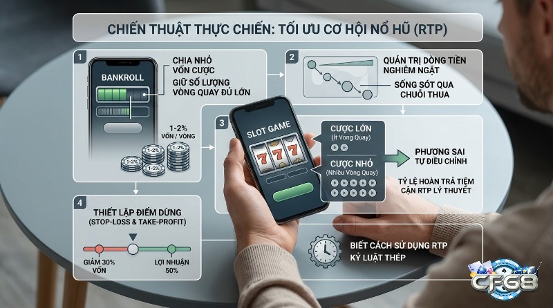 Chiến thuật thực chiến tối ưu cơ hội nổ hũ RTP bằng quản lý vốn, chia nhỏ cược 1-2% vốn/vòng, thiết lập điểm dừng giảm 30% hoặc lợi nhuận 50