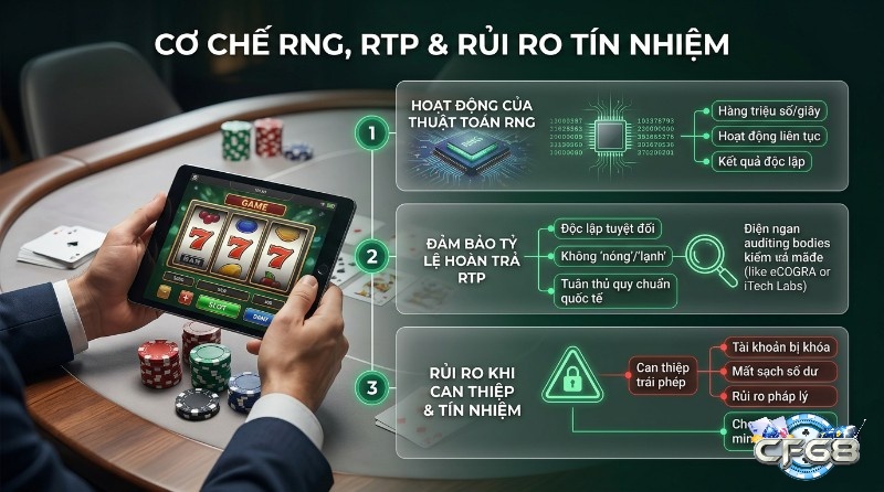 Cơ chế RNG kiểm soát RTP, và rủi ro tín nhiệm: người chơi slot trên tablet, chip RNG tạo số ngẫu nhiên, đảm bảo RTP độc lập, tuân thủ chuẩn quốc tế, cảnh báo khóa tài khoản khi can thiệp trái phép.