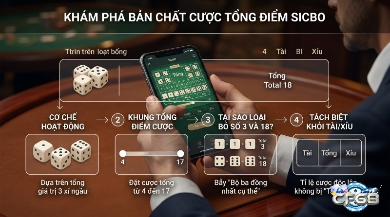 Bản chất cược tổng điểm Sicbo dựa trên tổng 3 xúc xắc, khung cược từ 4 đến 17, loại bỏ tổng 3 và 18, tách biệt khỏi Tài/Xỉu