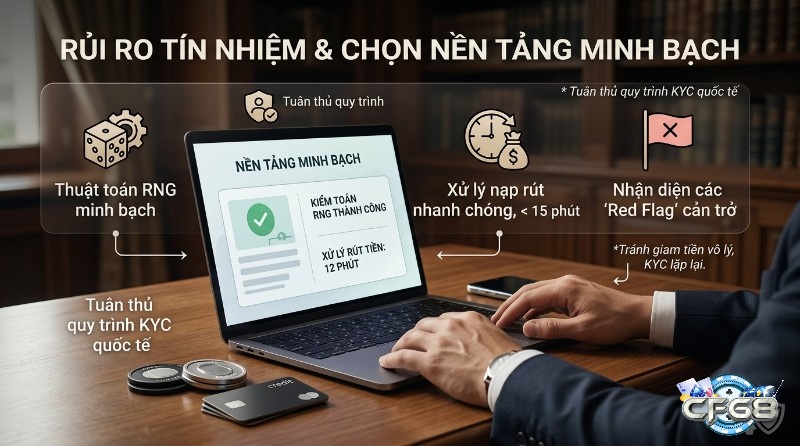 Chọn nền tảng minh bạch: thuật toán RNG rõ ràng, KYC quốc tế, xử lý nạp rút nhanh dưới 15 phút, kiểm toán thành công, tránh red flag như KYC lặp lại