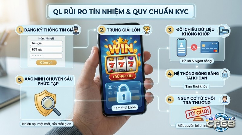 Quản trị rủi ro tín nhiệm KYC: quy trình 6 bước hậu quả đăng ký thông tin giả, trúng thưởng lớn, bị khóa tài khoản, từ chối trả thưởng