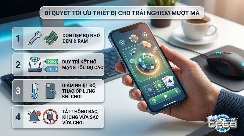 Tối ưu hóa thiết bị di động để chơi game mượt mà: dọn dẹp RAM, mạng 5G/4G tốc độ cao, giảm nhiệt độ, không sạc khi chơi