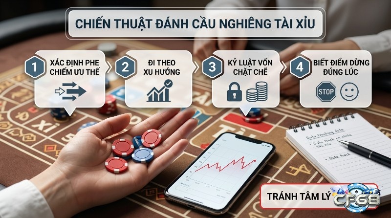 Chiến thuật đánh cầu nghiêng Tài Xỉu: xác định ưu thế, theo xu hướng, kỷ luật vốn, dừng đúng lúc. Tránh bẻ cầu, theo dõi dữ liệu trên điện thoại và sổ