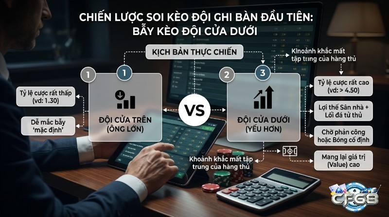 Khi soi kèo đội ghi bàn đầu tiên, cần chú ý những trường hợp chênh lệch odds lớn giữa đội mạnh (1.30) và đội yếu (4.50) có sân nhà, vì đây có thể là “bẫy kèo” dễ gây đánh giá sai nếu chỉ nhìn vào tỷ lệ