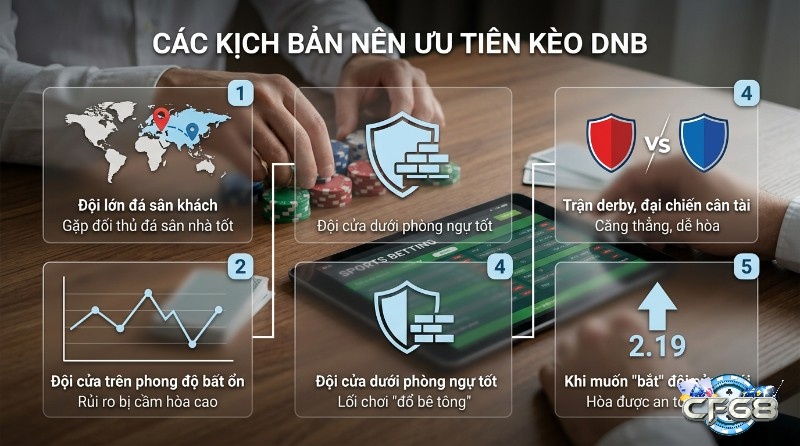 Các kịch bản ưu tiên kèo DNB: đội lớn đá sân khách, đội cửa trên phong độ bất ổn, đội cửa dưới phòng ngự tốt, trận derby, bắt đội cửa dưới an toàn vốn